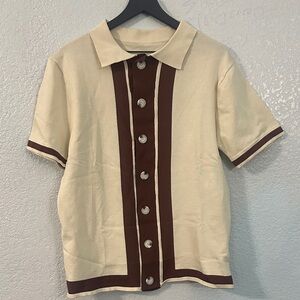 Men's Cream and Brown Short Sleeve button up Shirt sz Large